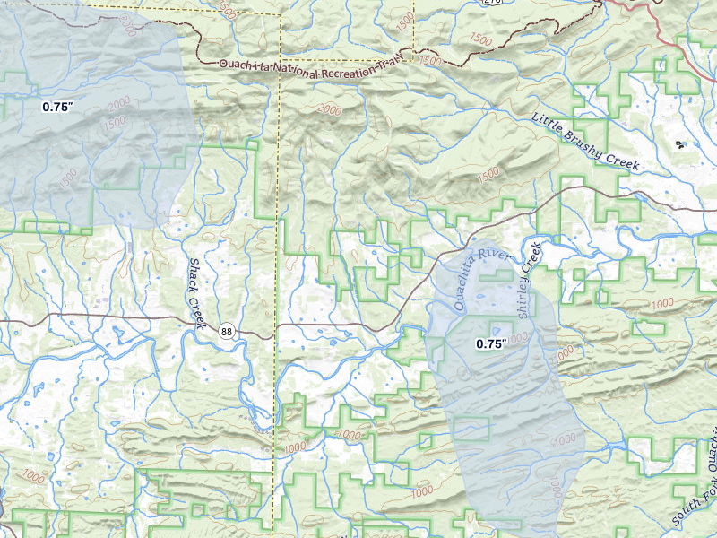 NEXRAD radar-signature map of the hail storm over Oden, AR on Jul 8, 2026