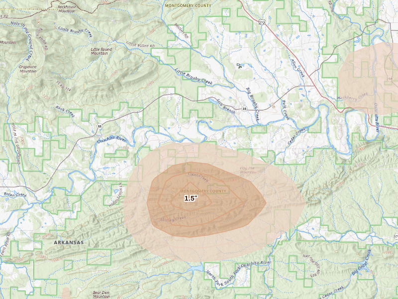 Radar-estimated hail-size map of the storm over Oden, AR