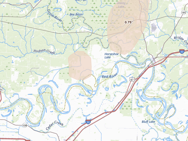 Radar-estimated hail-size map of the storm over Ogden, AR on May 23, 2026