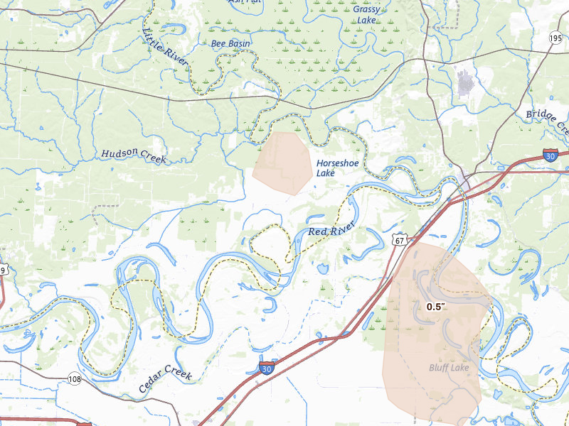 Radar-estimated hail-size map of the storm over Ogden, AR on Jun 24, 2026