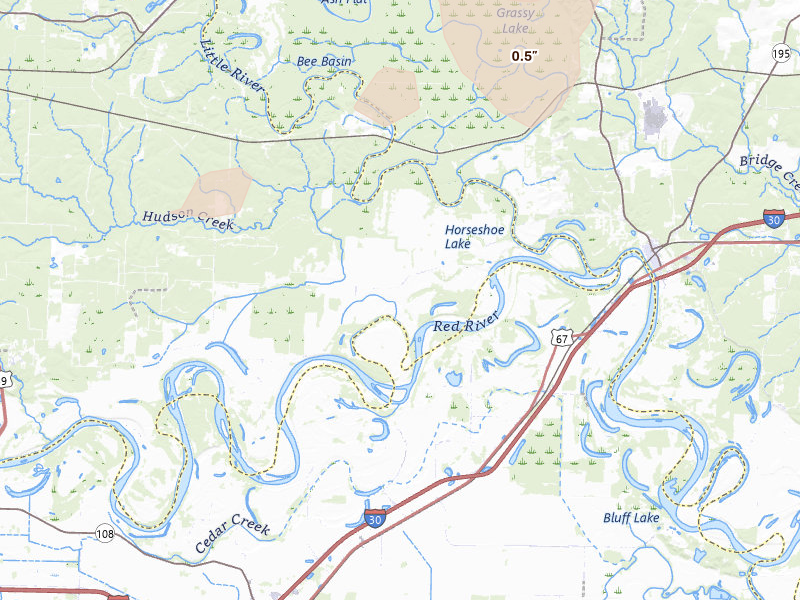 Radar-estimated hail-size map of the storm over Ogden, AR on Jul 12, 2026