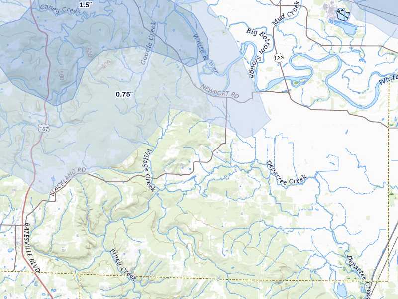 NEXRAD radar-signature map of the hail over Oil Trough, AR
