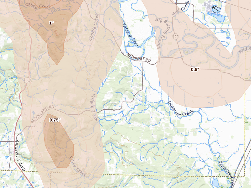 Radar-estimated hail-size map of the storm over Oil Trough, AR on Jun 1, 2026