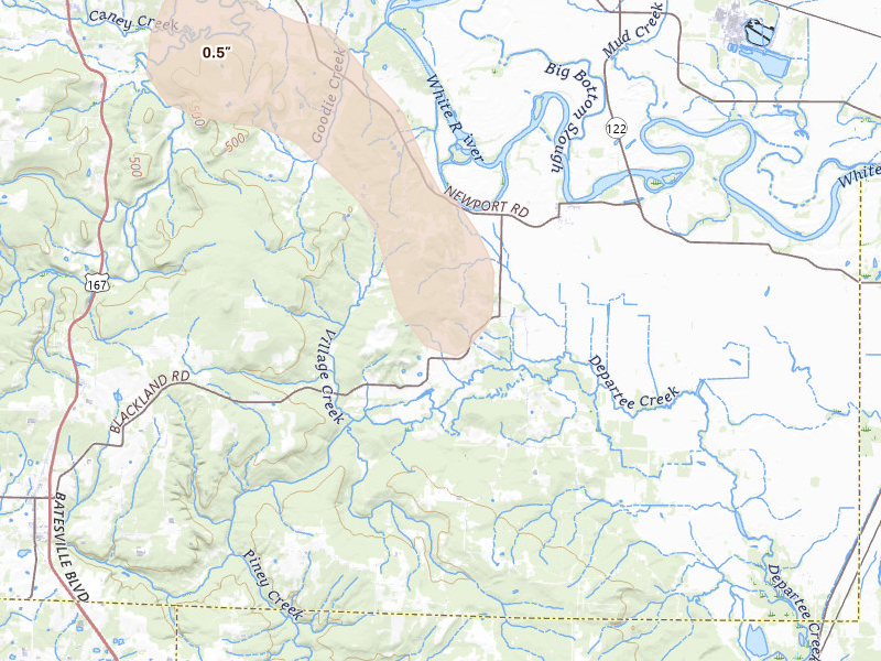 Radar-estimated hail-size map of the storm over Oil Trough, AR on Jul 4, 2026