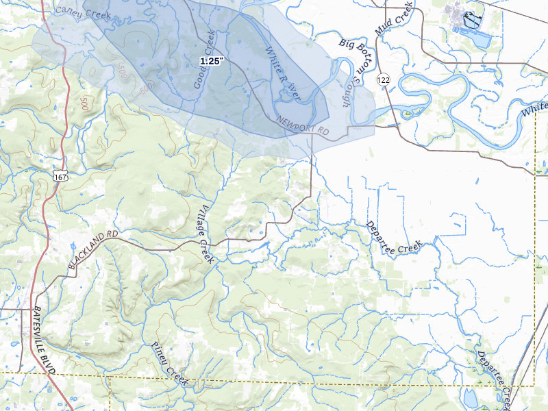 NEXRAD radar-signature map of the hail over Oil Trough, AR