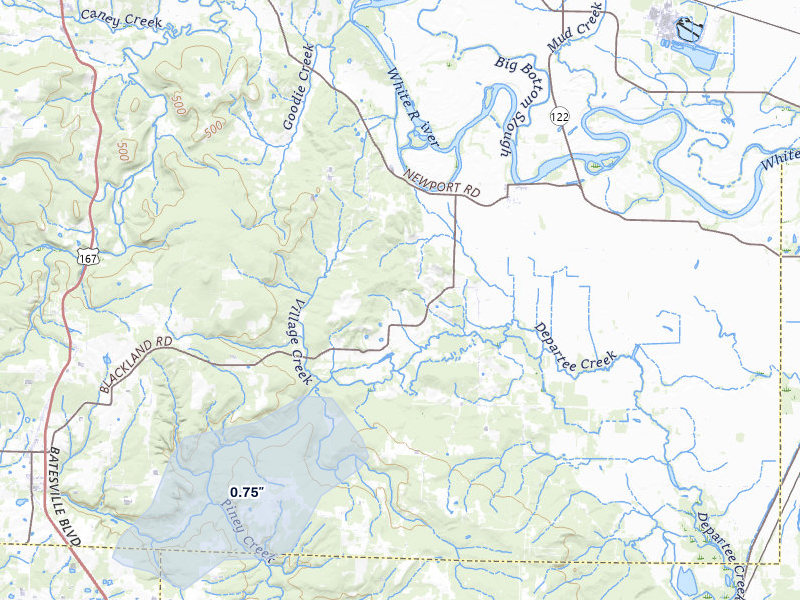 NEXRAD radar-signature map of the hail storm over Oil Trough, AR on Jul 11, 2026