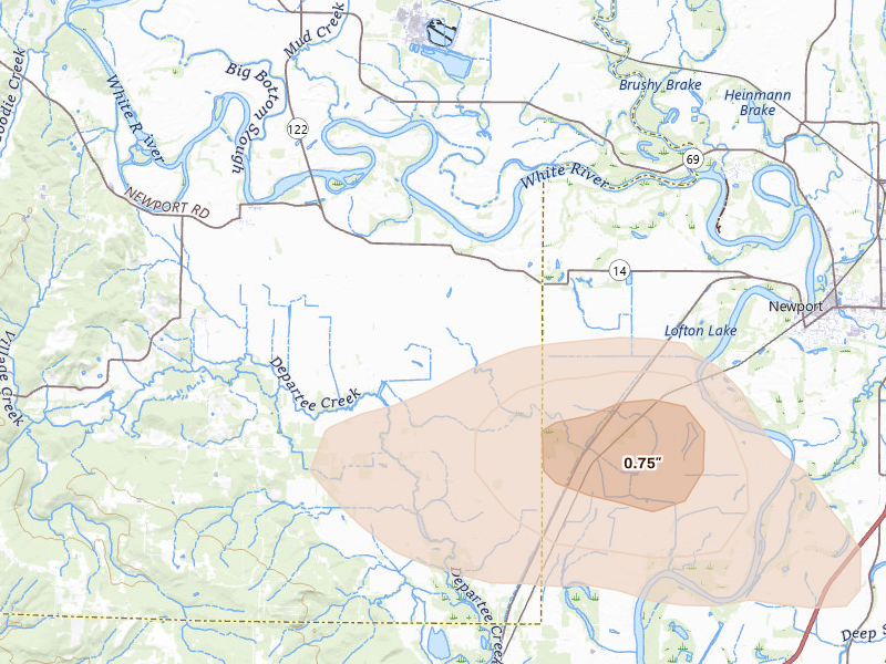 Radar-estimated hail-size map of the storm over Oil Trough, AR on Aug 22, 2026