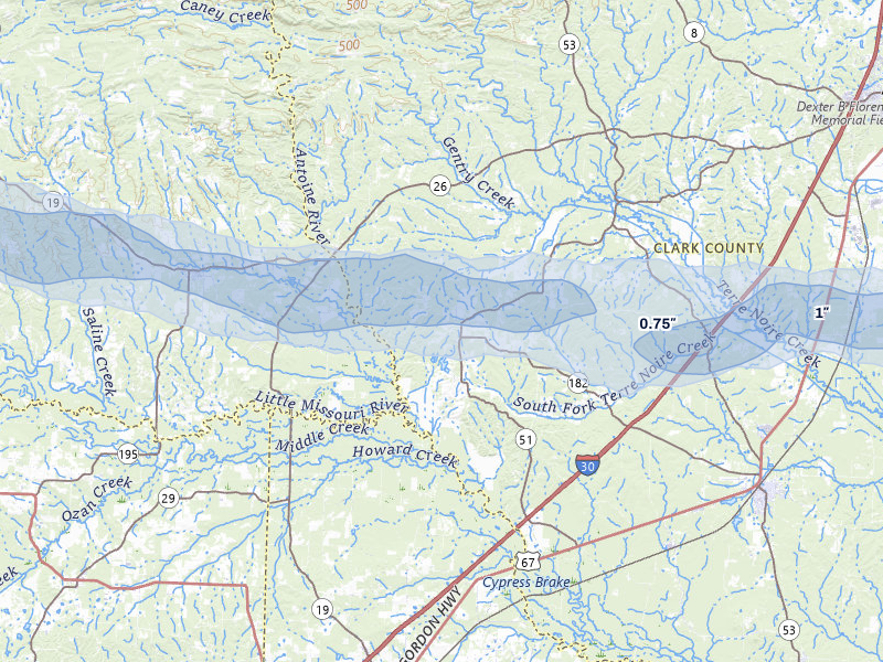 NEXRAD radar-signature map of the hail over Okolona, AR