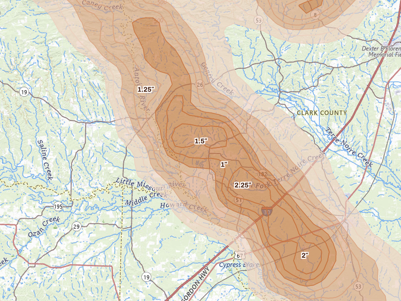 Radar-estimated hail-size map of the storm over Okolona, AR on Apr 25, 2026