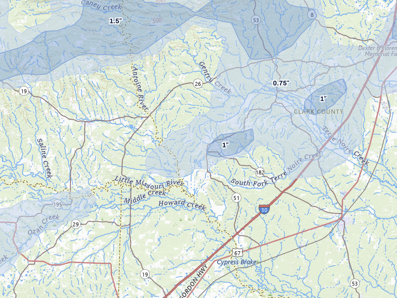 NEXRAD radar-signature map of the hail storm over Okolona, AR on Apr 28, 2026