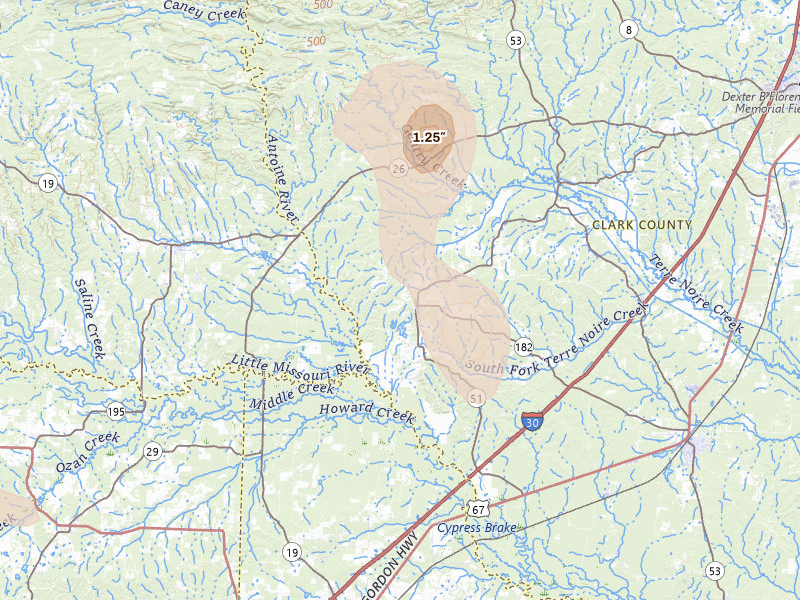 Radar-estimated hail-size map of the storm over Okolona, AR on Jun 2, 2026