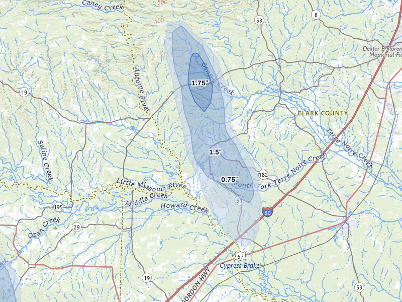 NEXRAD radar-signature map of the hail over Okolona, AR