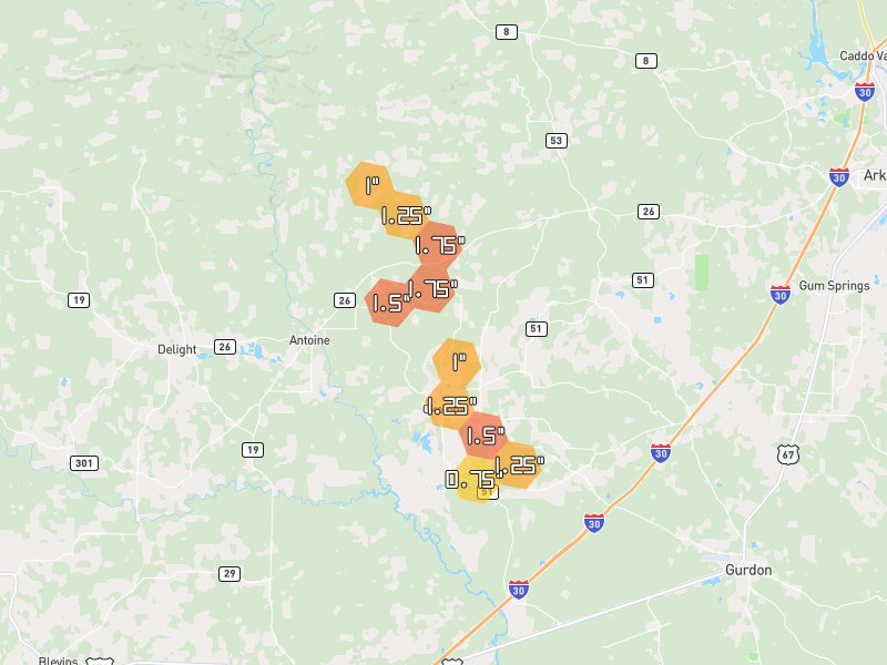 Hail map of Okolona, AR on Jun 2, 2026, hail up to 1.75"