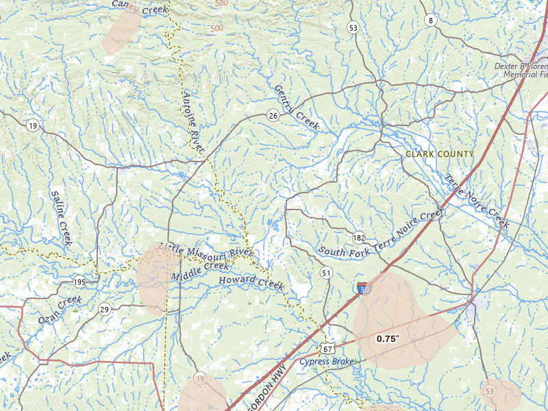 Radar-estimated hail-size map of the storm over Okolona, AR on Jul 4, 2026