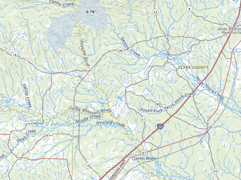 NEXRAD radar-signature map of the hail storm over Okolona, AR on Jul 7, 2026