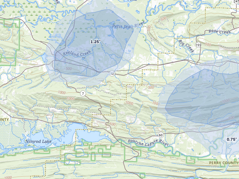 NEXRAD radar-signature map of the hail storm over Ola, AR on Jul 11, 2026