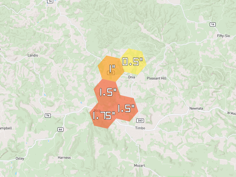 Hail map of Onia, AR on Jun 1, 2026, hail up to 1.75"