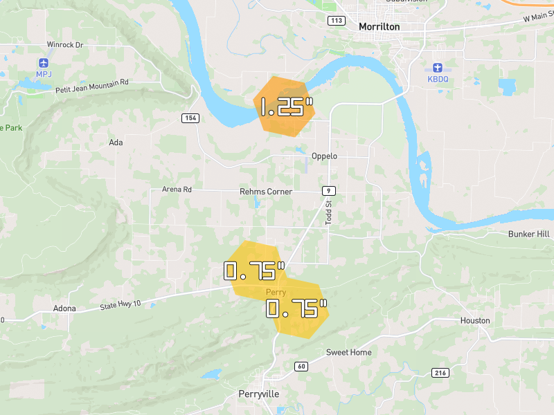 Hail map of Oppelo, AR on Jul 4, 2026, hail up to 1.25"