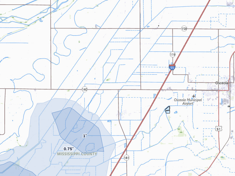 NEXRAD radar-signature map of the hail over Osceola, AR