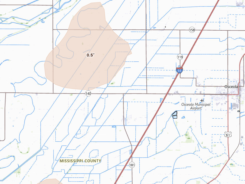 Radar-estimated hail-size map of the storm over Osceola, AR on Apr 28, 2026