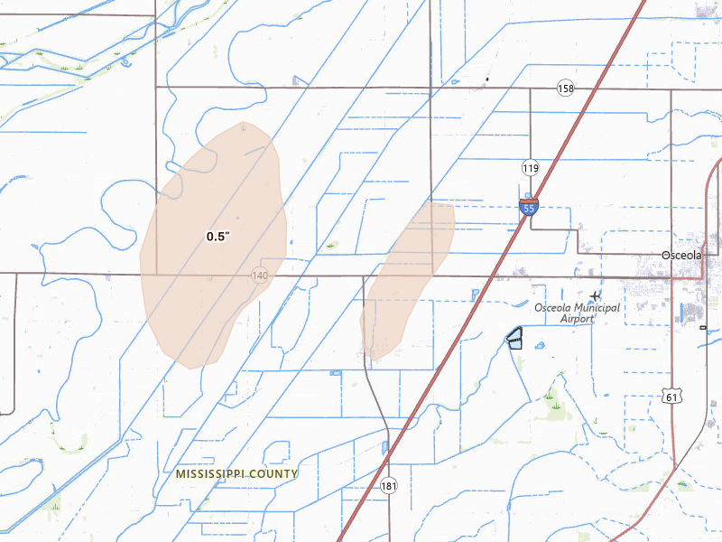 Radar-estimated hail-size map of the storm over Osceola, AR on May 19, 2026
