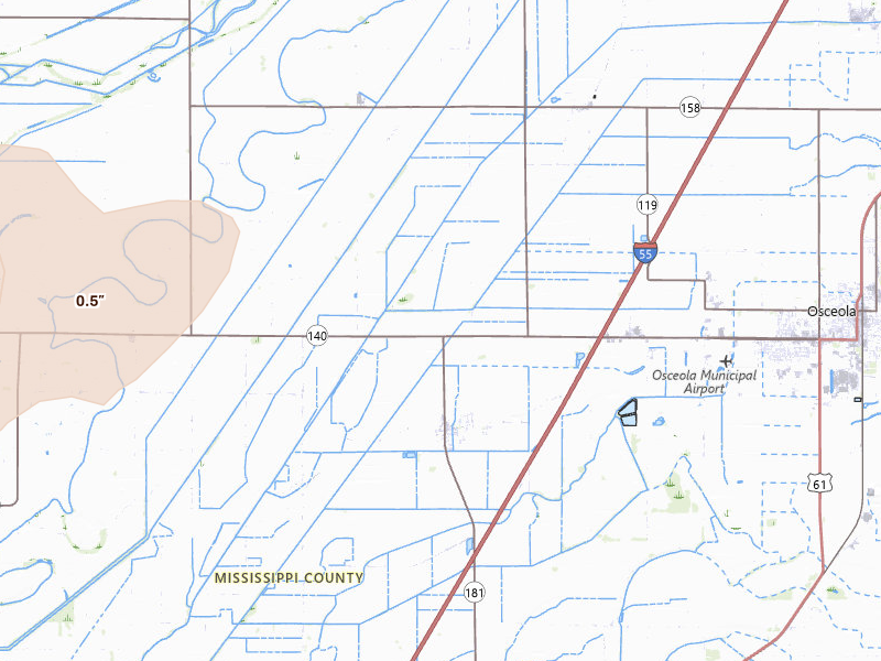 Radar-estimated hail-size map of the storm over Osceola, AR on Jul 11, 2026