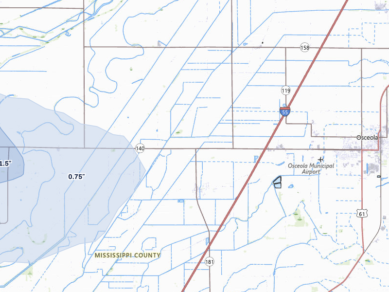 NEXRAD radar-signature map of the hail storm over Osceola, AR on Jul 11, 2026