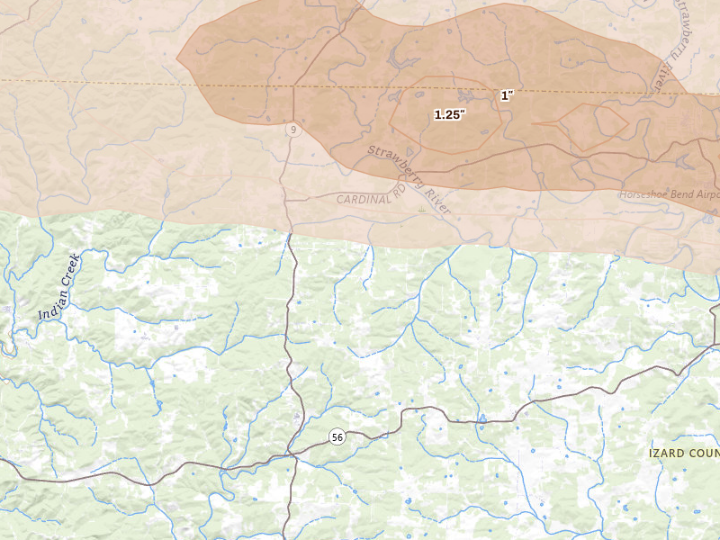 Radar-estimated hail-size map of the storm over Oxford, AR on Apr 27, 2026