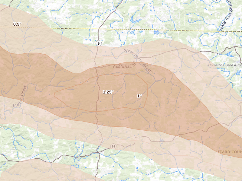 Radar-estimated hail-size map of the storm over Oxford, AR