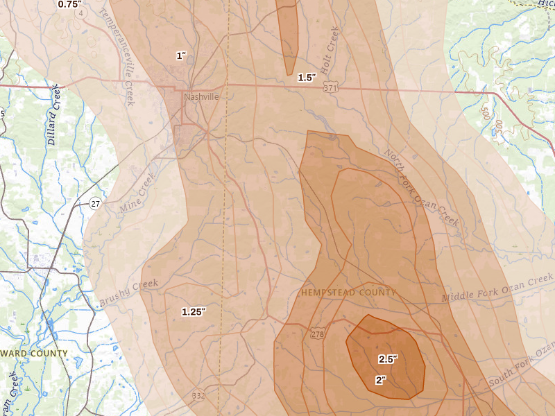 Radar-estimated hail-size map of the storm over Ozan, AR on Apr 25, 2026