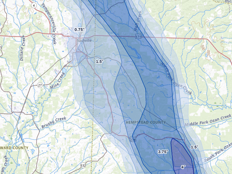 NEXRAD radar-signature map of the hail storm over Ozan, AR on Apr 25, 2026
