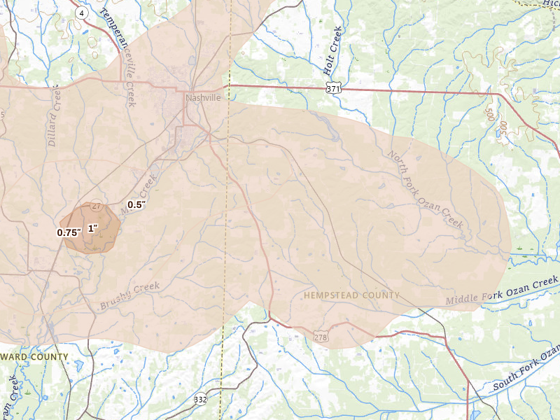 Radar-estimated hail-size map of the storm over Ozan, AR on Apr 28, 2026