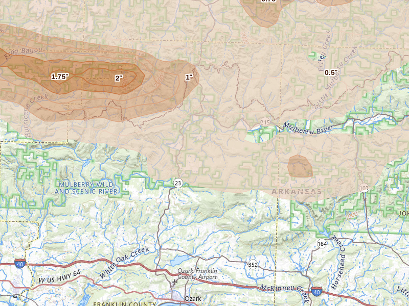 Radar-estimated hail-size map of the storm over Ozark, AR on Apr 28, 2026