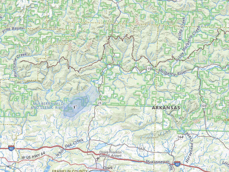 NEXRAD radar-signature map of the hail storm over Ozark, AR on Jul 7, 2026