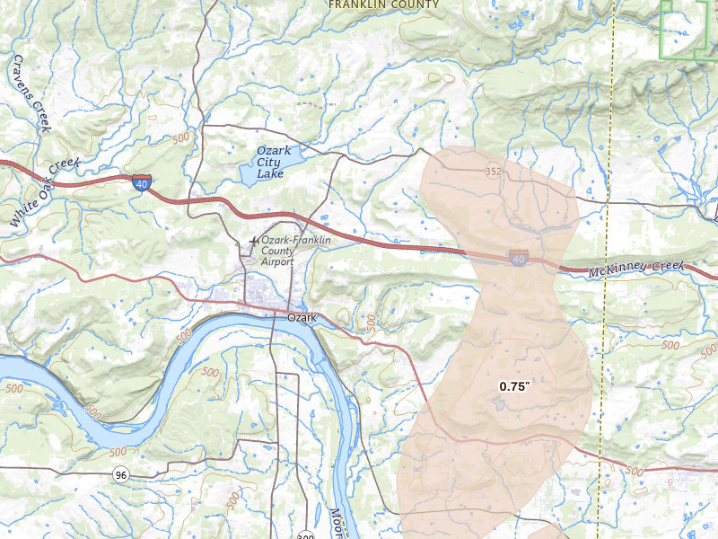 Radar-estimated hail-size map of the storm over Ozark, AR on Aug 6, 2026