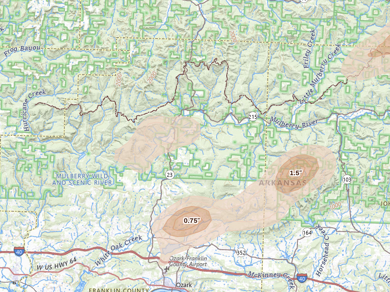 Radar-estimated hail-size map of the storm over Ozark, AR on Aug 7, 2026