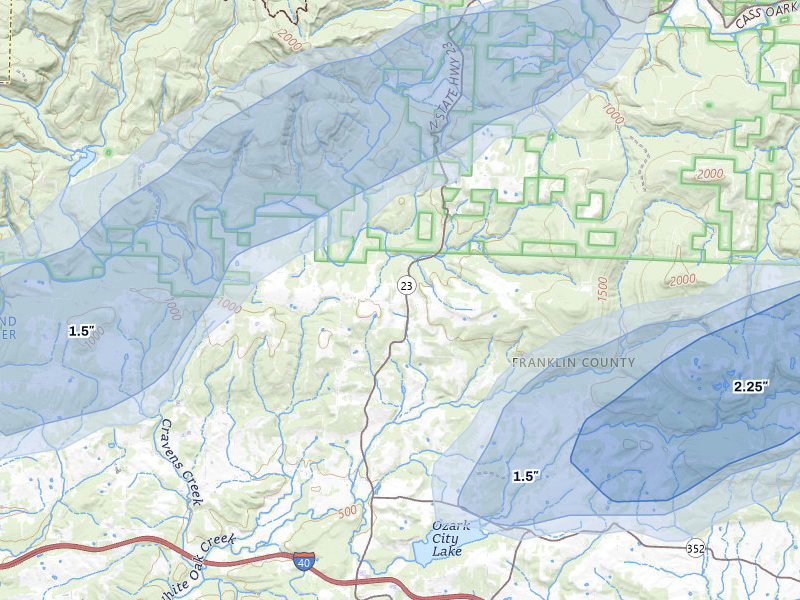 NEXRAD radar-signature map of the hail storm over Ozark, AR on Aug 7, 2026
