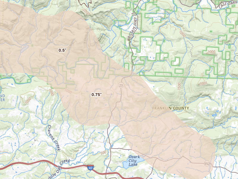 Radar-estimated hail-size map of the storm over Ozark, AR on Aug 17, 2026
