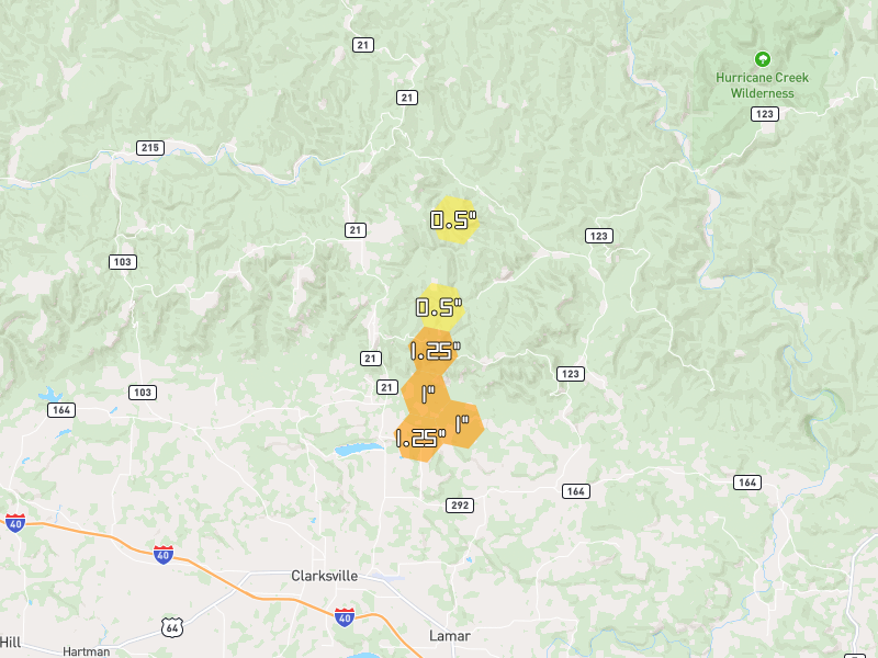 Hail map of Ozone, AR on Jul 4, 2026, hail up to 1.25"