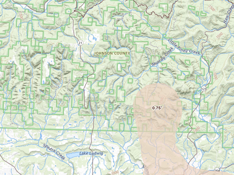 Radar-estimated hail-size map of the storm over Ozone, AR on Aug 17, 2026
