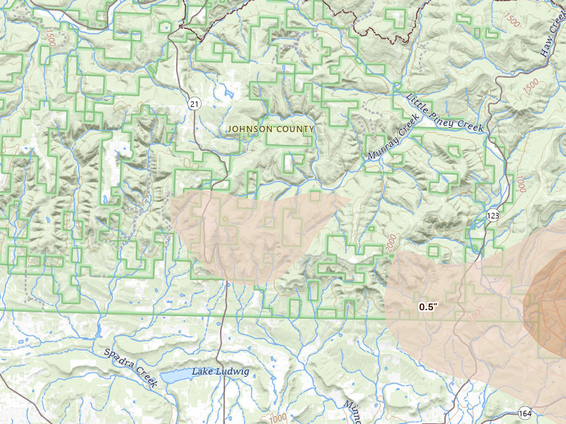 Radar-estimated hail-size map of the storm over Ozone, AR on Aug 22, 2026