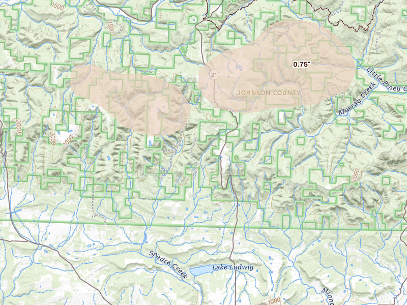 Radar-estimated hail-size map of the storm over Ozone, AR on Aug 26, 2026