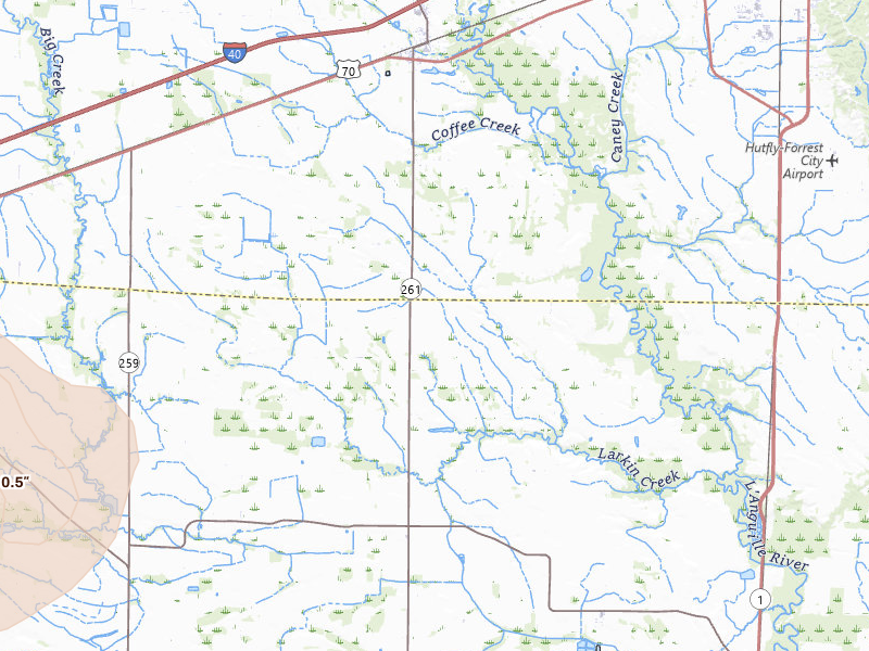 Radar-estimated hail-size map of the storm over Palestine, AR on Jun 12, 2026