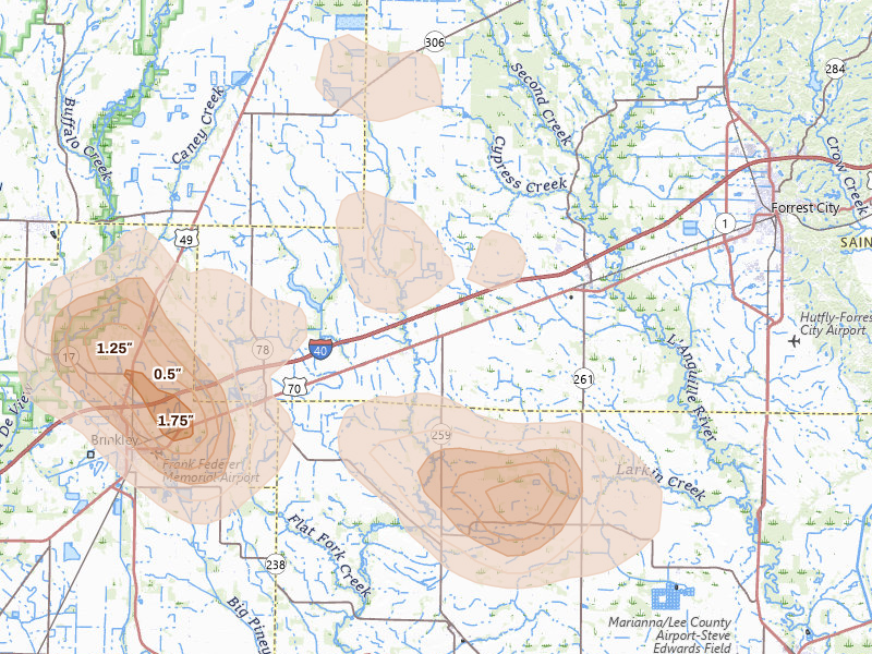 Radar-estimated hail-size map of the storm over Palestine, AR on Aug 22, 2026
