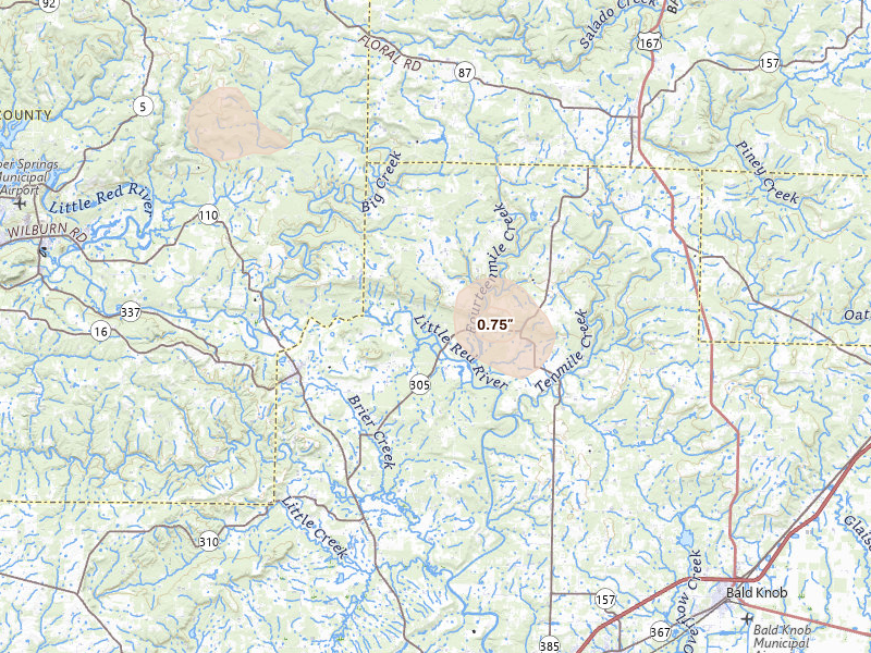 Radar-estimated hail-size map of the storm over Pangburn, AR on Jul 6, 2026
