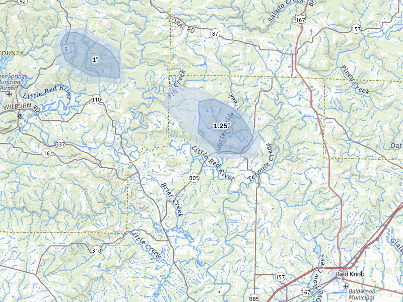 NEXRAD radar-signature map of the hail storm over Pangburn, AR on Jul 6, 2026