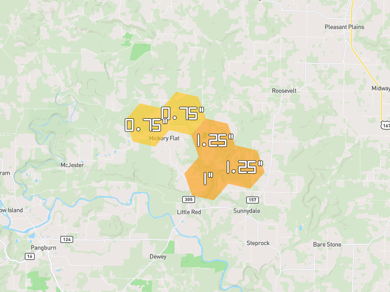 Hail map of Pangburn, AR on Jul 6, 2026, hail up to 1.25"
