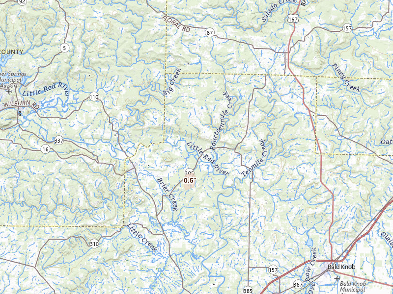 Radar-estimated hail-size map of the storm over Pangburn, AR on Jul 7, 2026