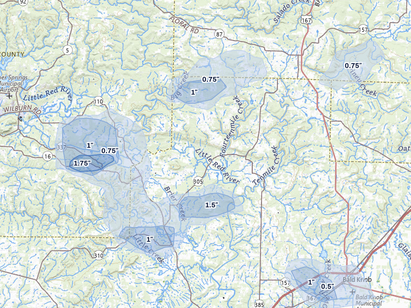 NEXRAD radar-signature map of the hail storm over Pangburn, AR on Jul 11, 2026