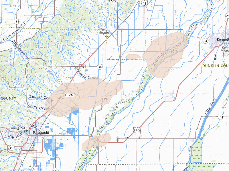 Radar-estimated hail-size map of the storm over Paragould, AR on Apr 26, 2026